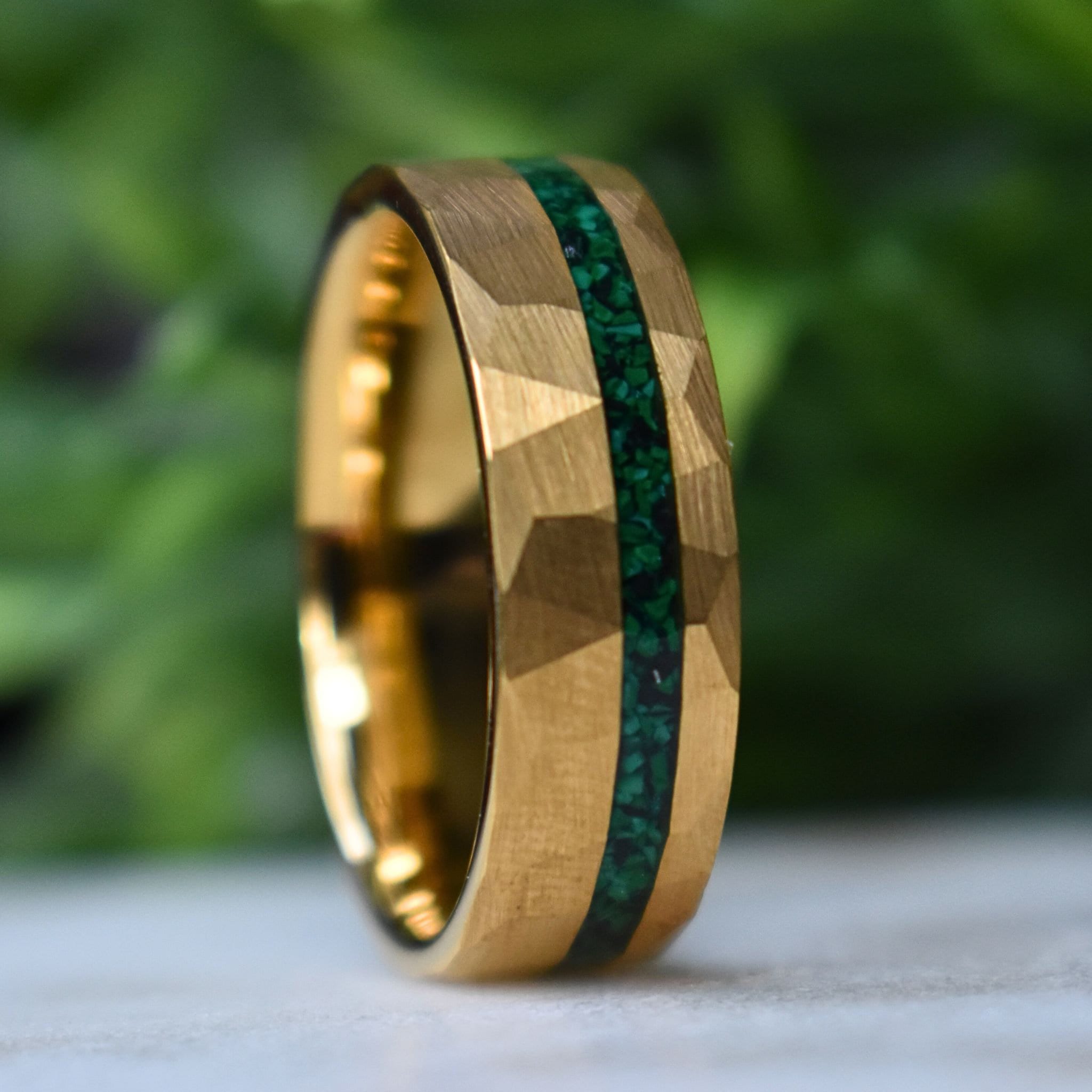 Tungsten 8mm Hammered Gold Ring with Malachite Inlay