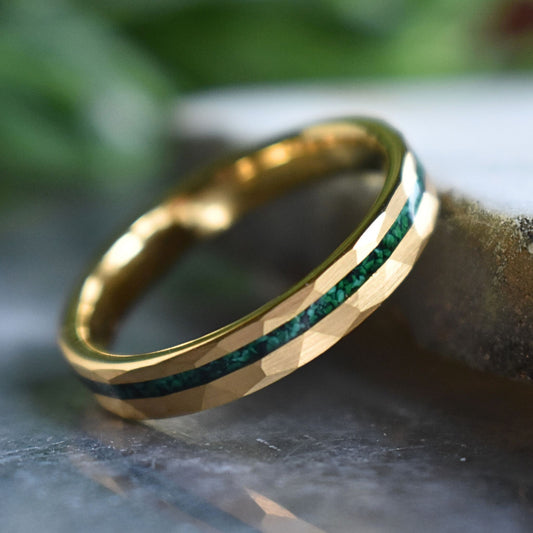 Tungsten 4mm Hammered Gold Ring with Malachite Inlay