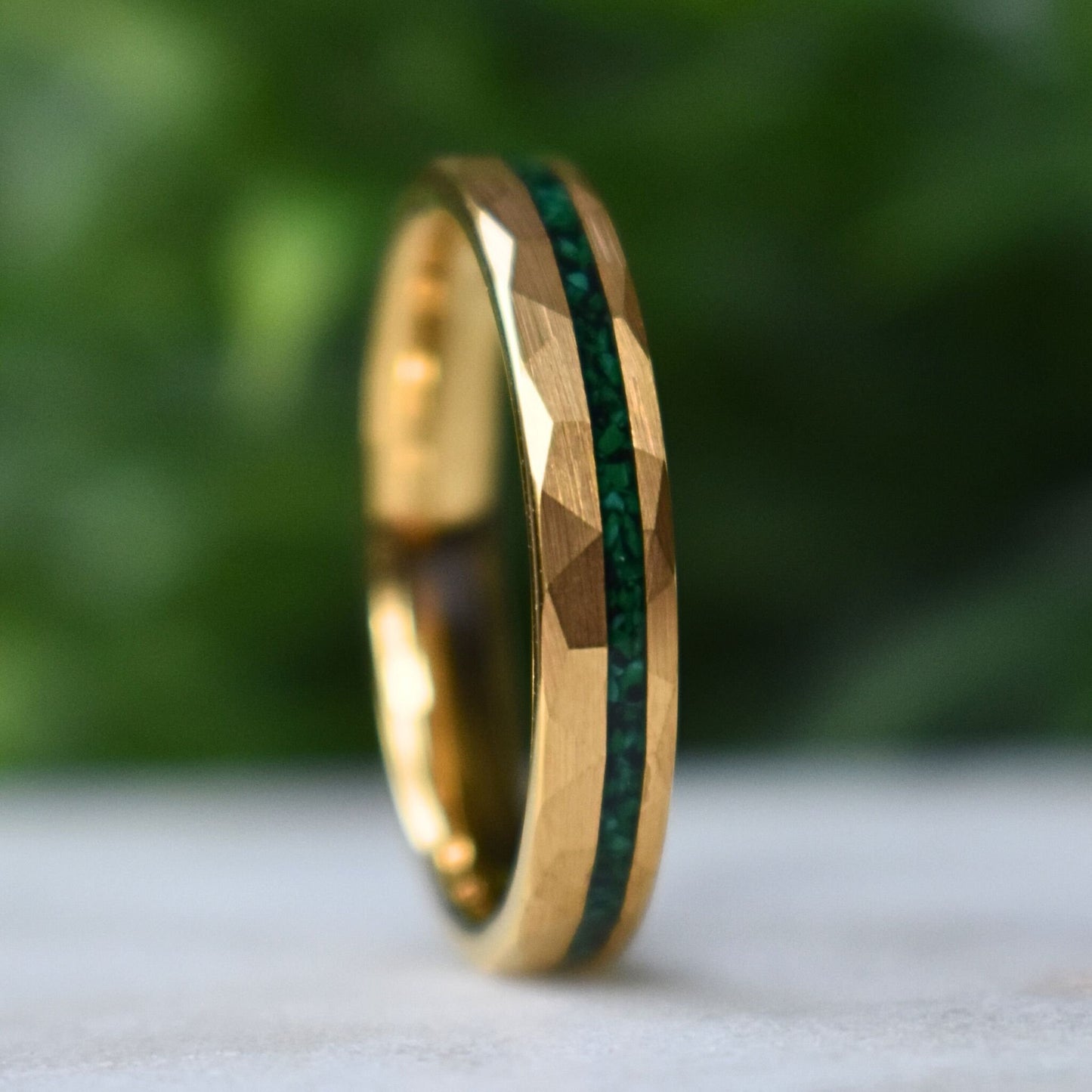 Tungsten 4mm Hammered Gold Ring with Malachite Inlay