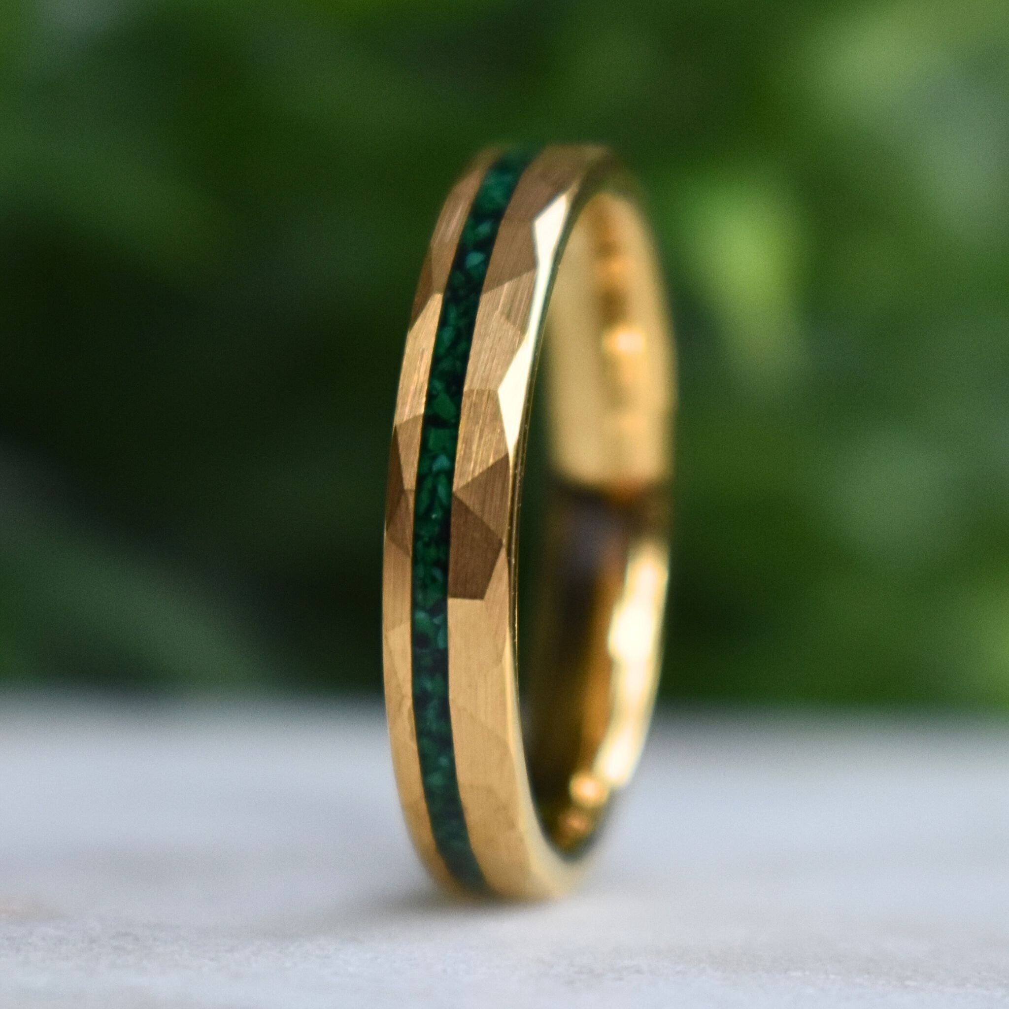 Tungsten 4mm Hammered Gold Ring with Malachite Inlay