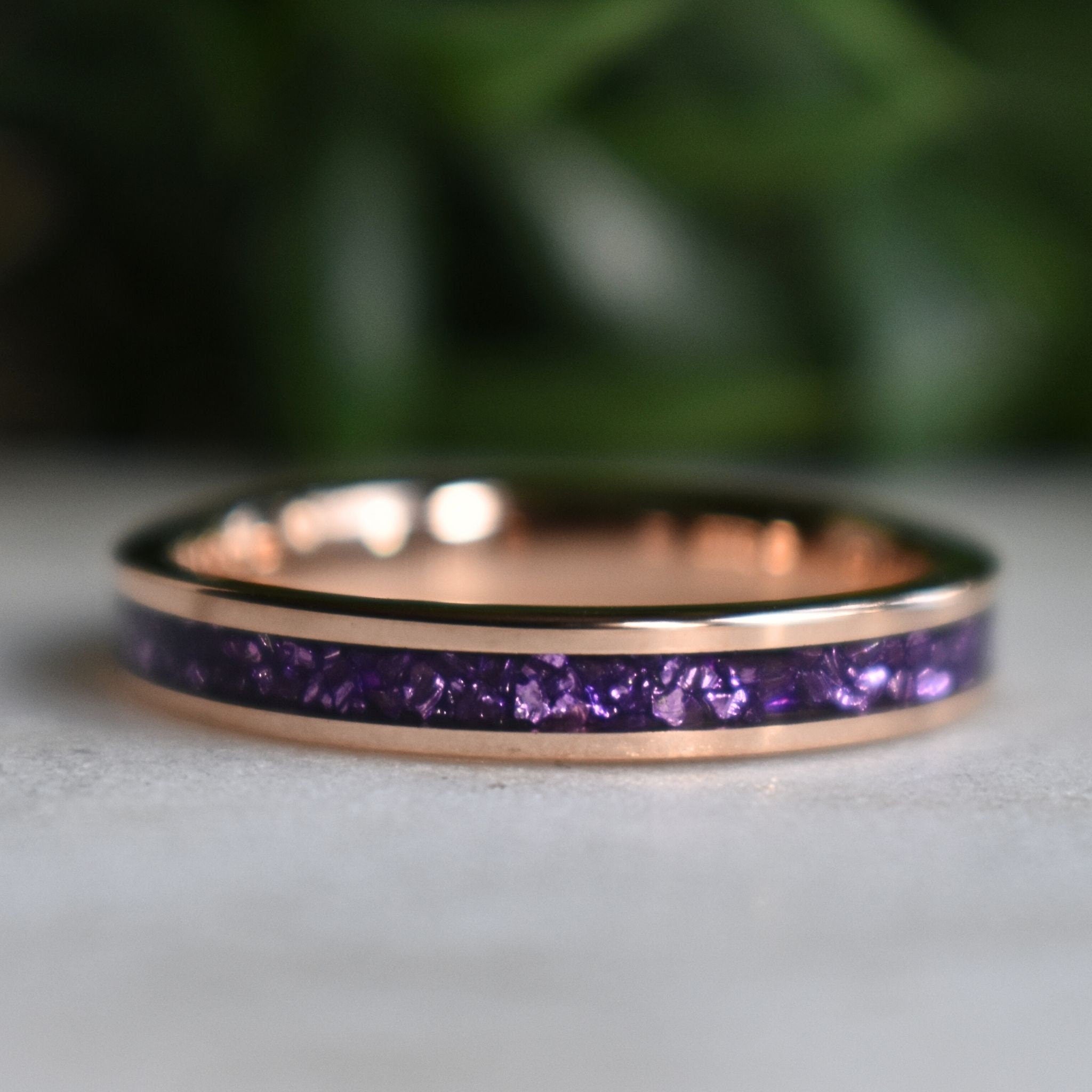 Tungsten 4mm Rose Gold Ring with Amethyst Inlay