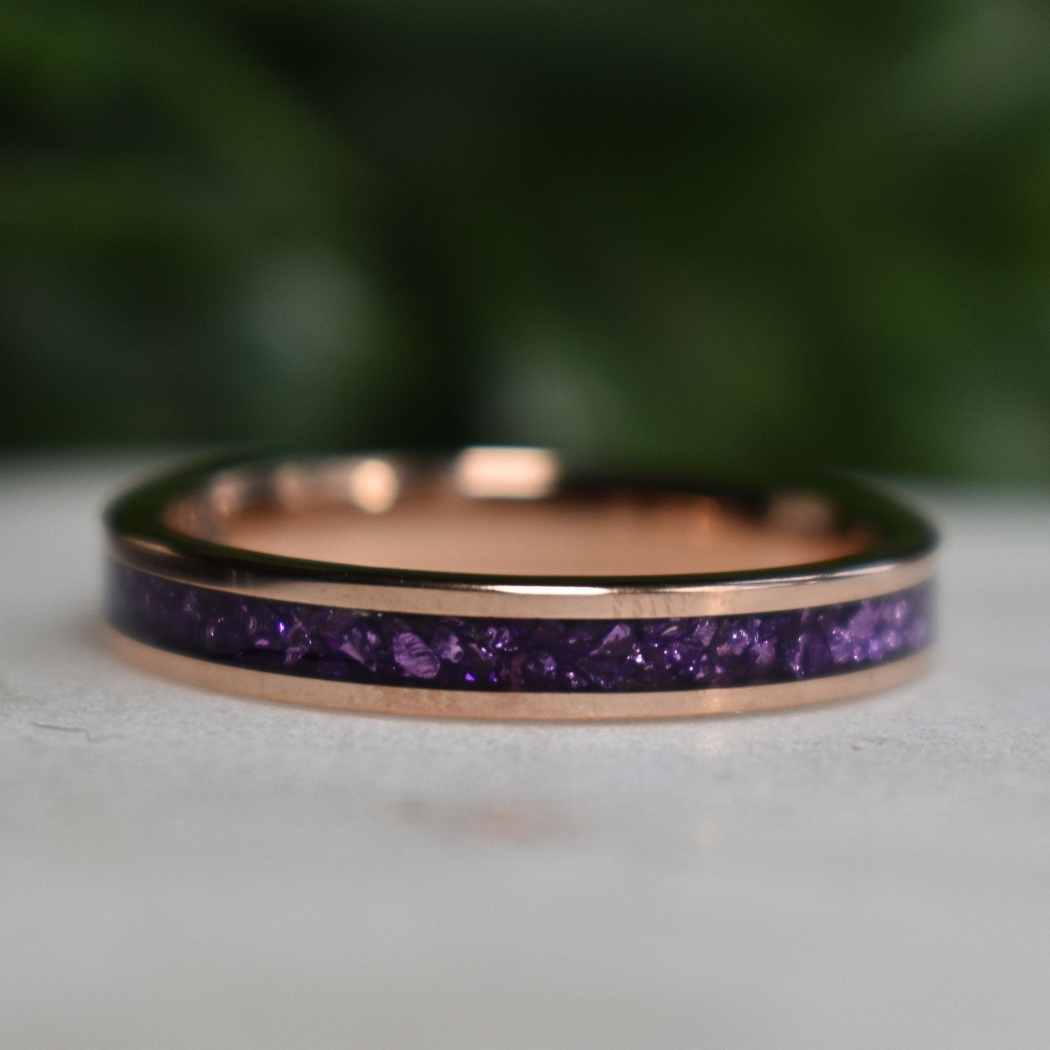 Tungsten 4mm Rose Gold Ring with Amethyst Inlay