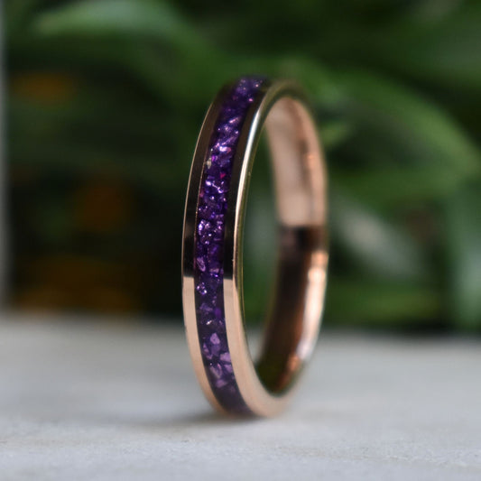 Tungsten 4mm Rose Gold Ring with Amethyst Inlay