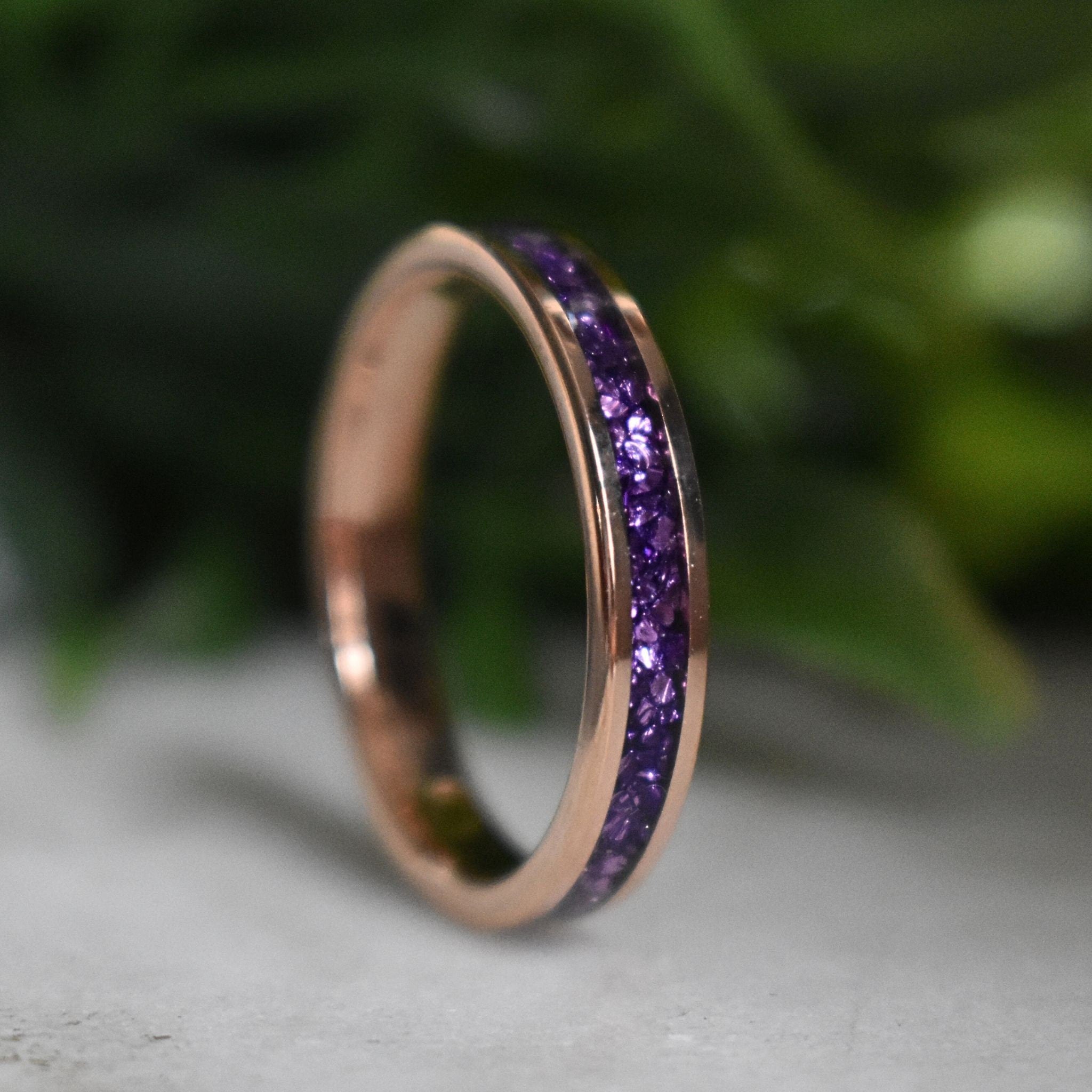 Tungsten 4mm Rose Gold Ring with Amethyst Inlay