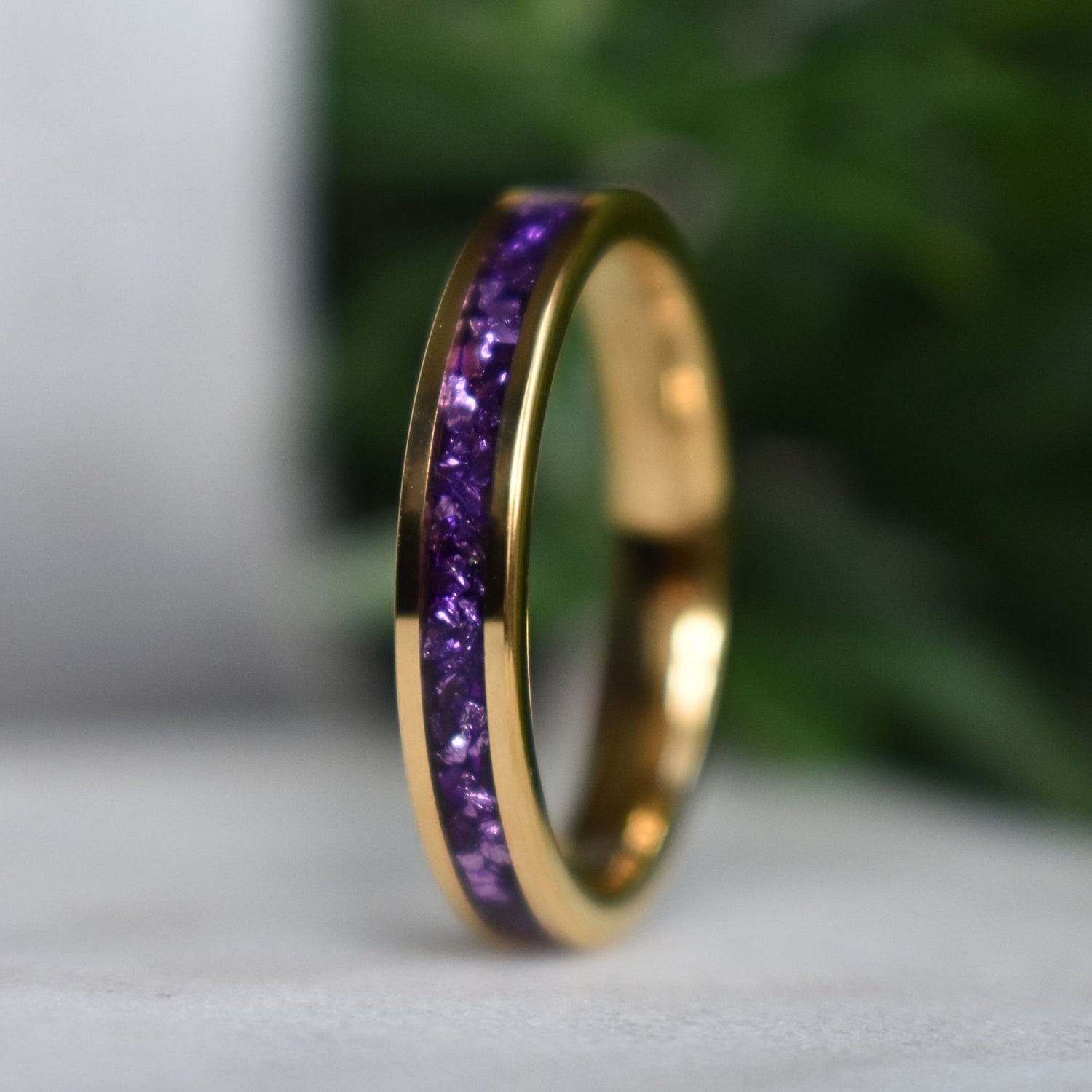 Tungsten 4mm Gold Ring with Amethyst Inlay