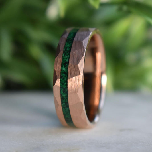 Tungsten 8mm Hammered Rose Gold Ring with Malachite Inlay