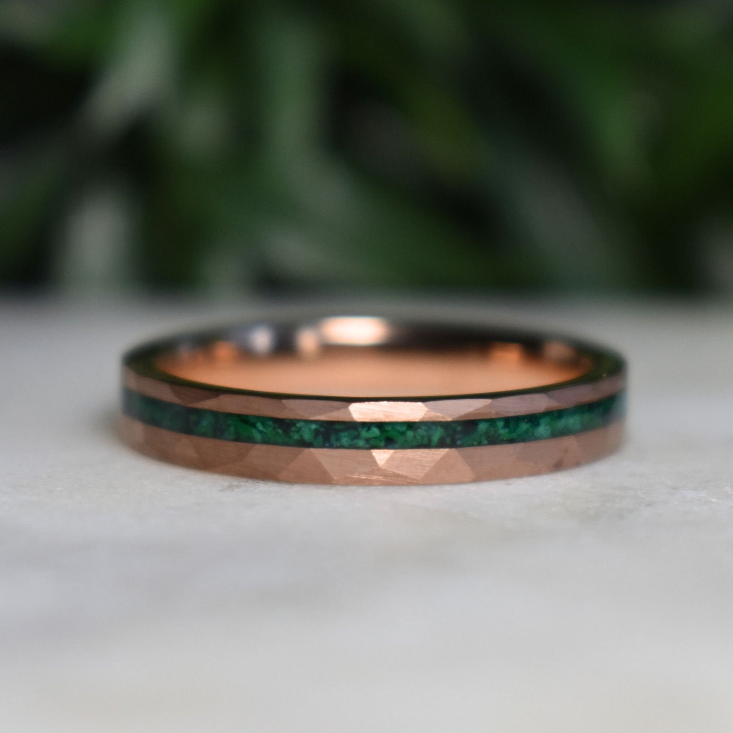 Tungsten 4mm Hammered Rose Gold Ring with Malachite Inlay