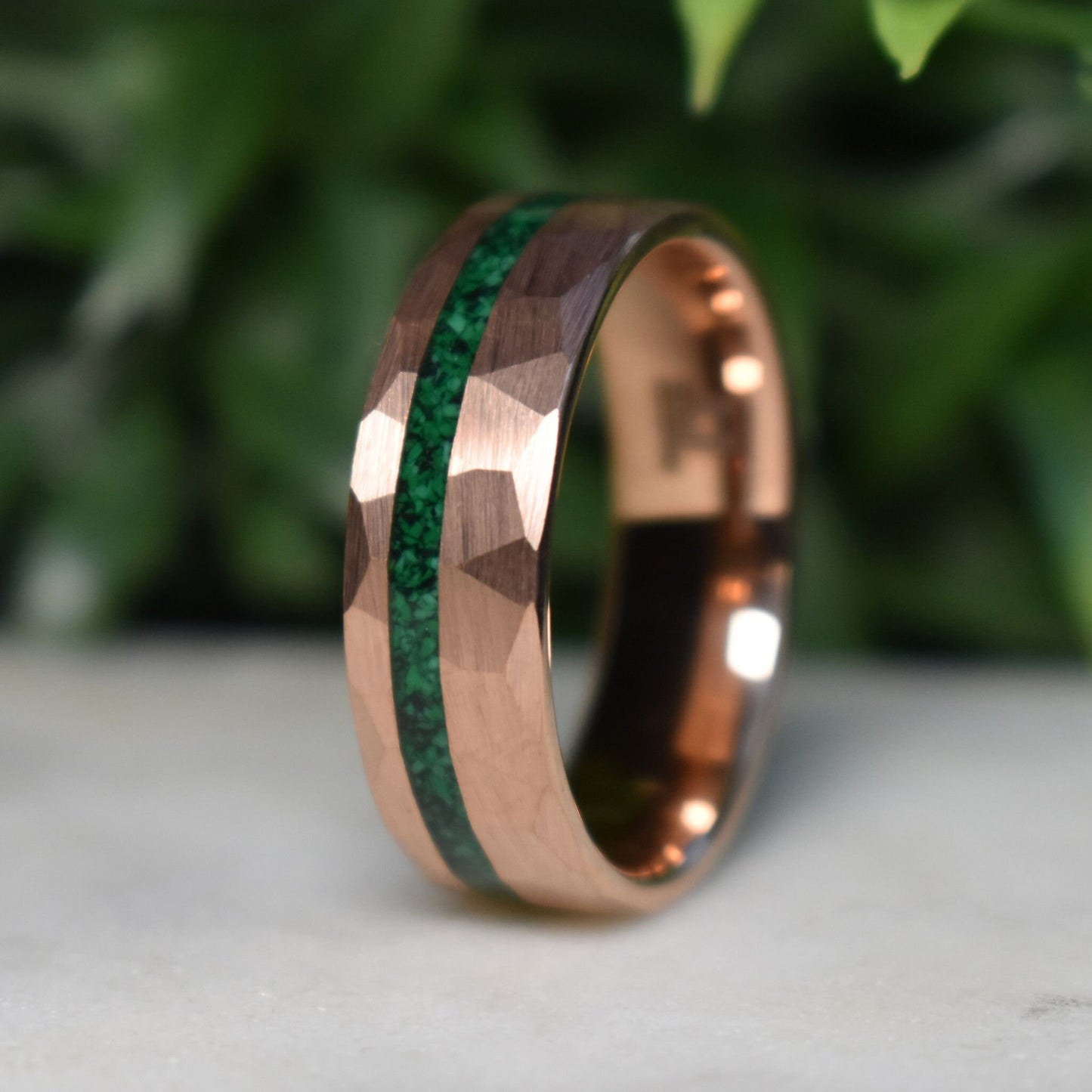Tungsten 8mm Hammered Rose Gold Ring with Malachite Inlay