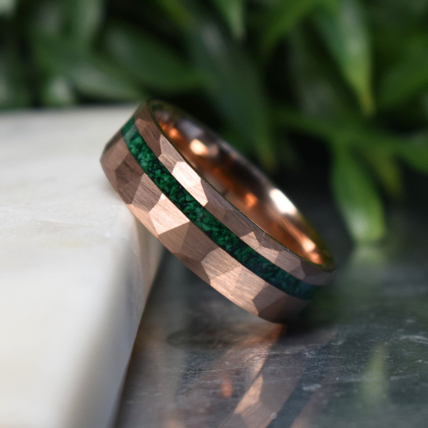 Tungsten 8mm Hammered Rose Gold Ring with Malachite Inlay
