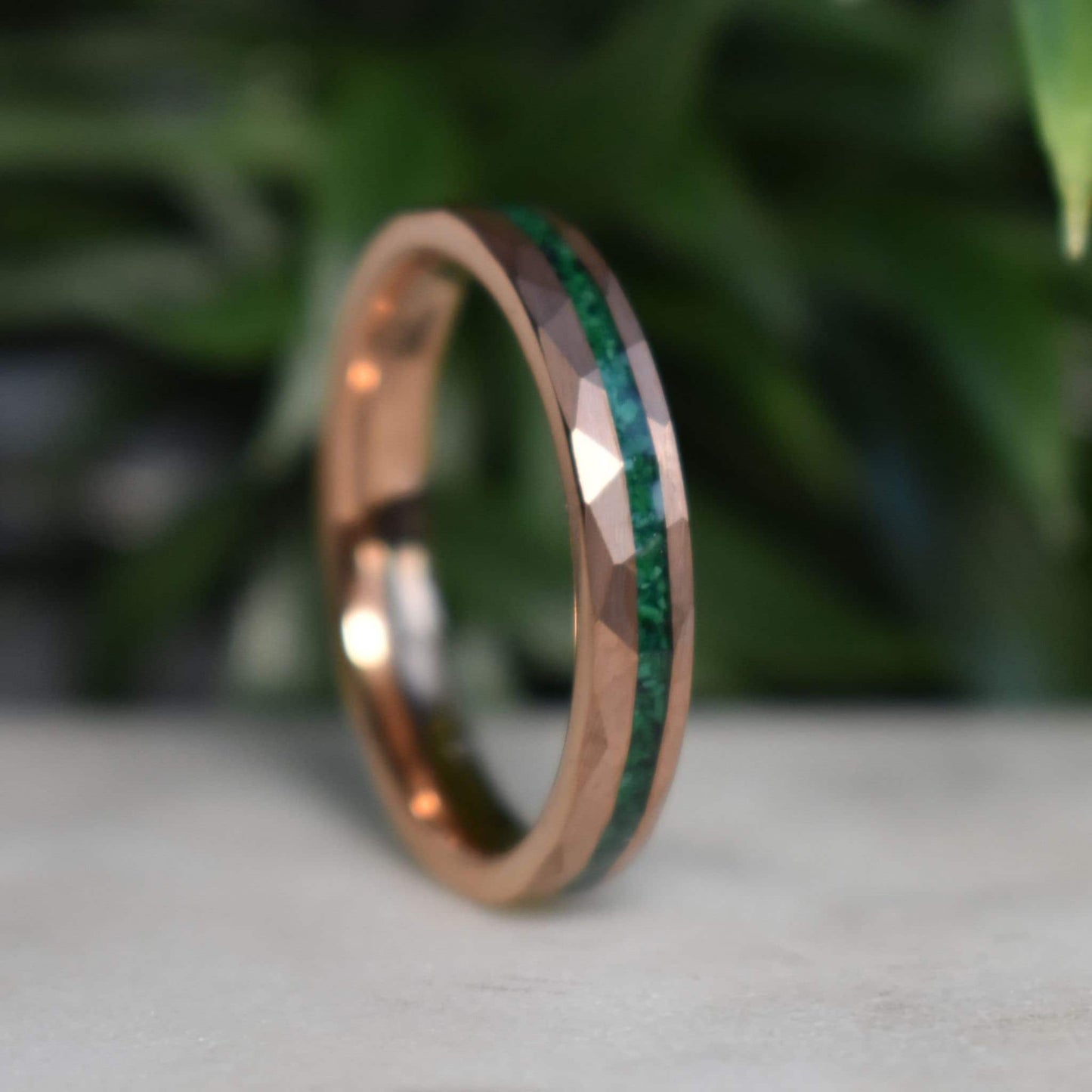 Tungsten 4mm Hammered Rose Gold Ring with Malachite Inlay